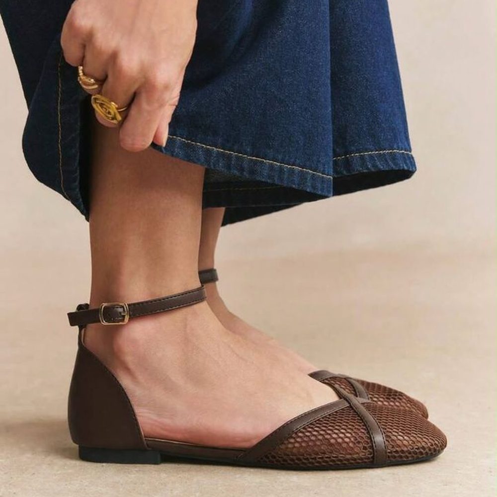 Mesh Ankle-Strap Flat — Cocoa